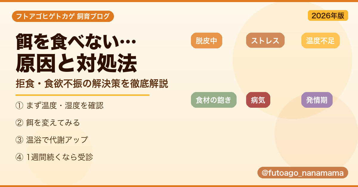 フトアゴヒゲトカゲが餌を食べないときの原因と対処法を解説するアイキャッチ画像