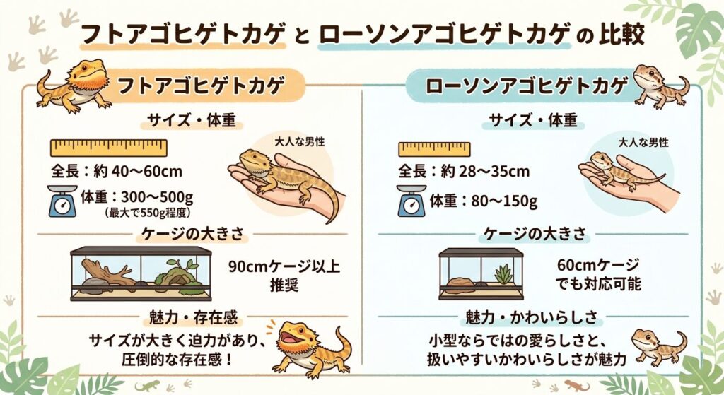 フトアゴとローソンのサイズ比較イラスト