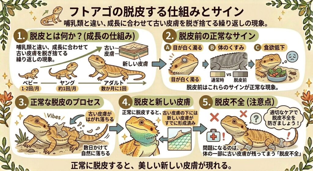 フトアゴが脱皮する仕組みを示すイラスト