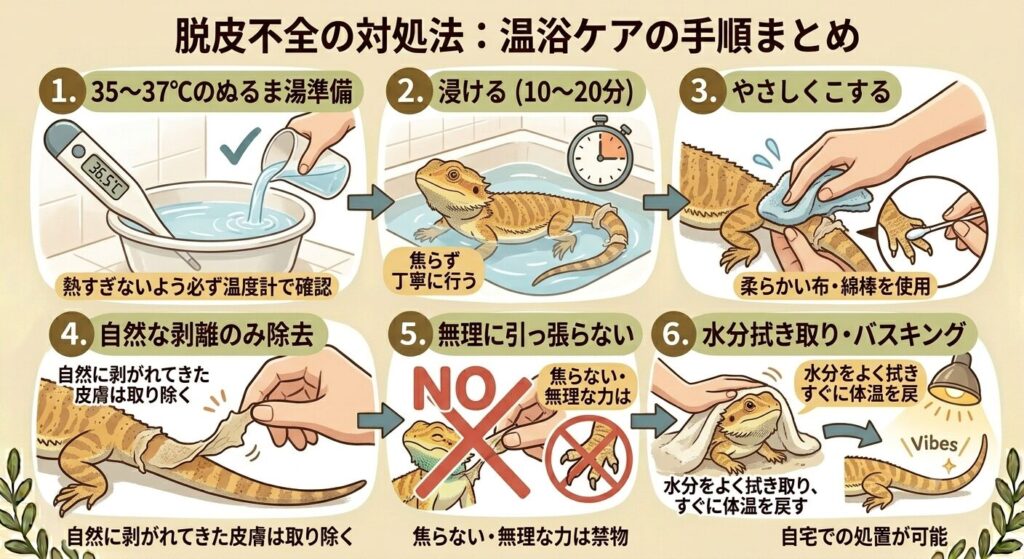 フトアゴの温浴ケアの手順を示すイラスト