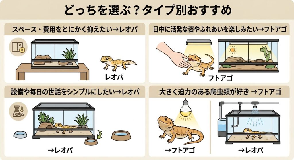 フトアゴとレオパのタイプ別おすすめを示すイラスト