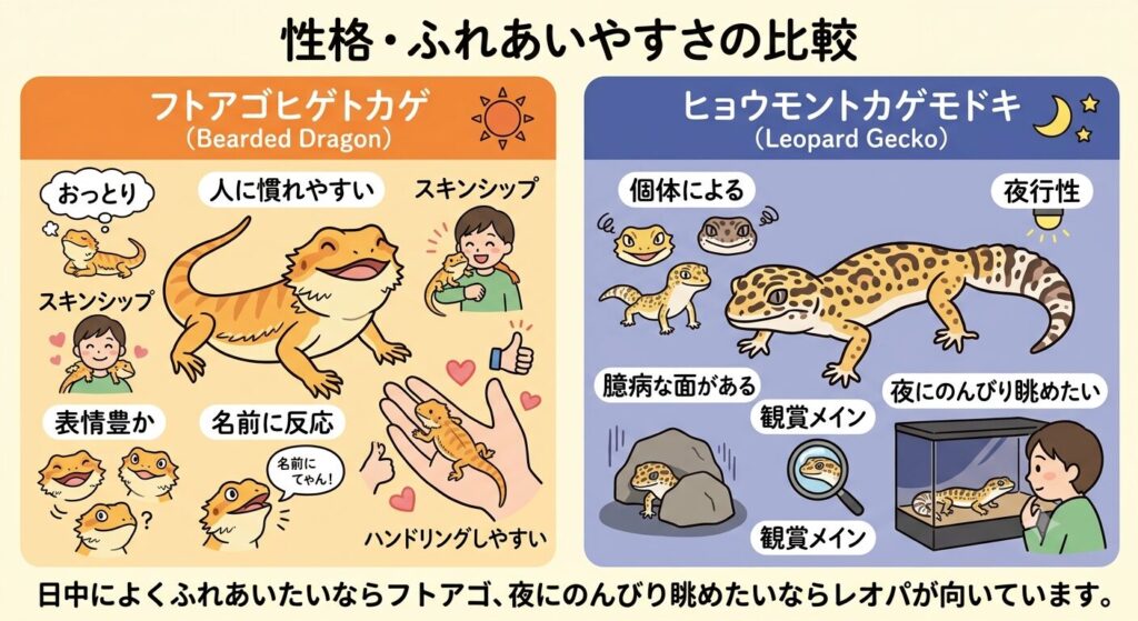 フトアゴとレオパの性格・ふれあいやすさを比較するイラスト