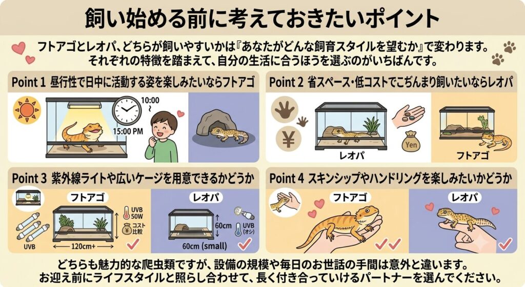 飼い始める前に考えておきたいポイントのイラスト