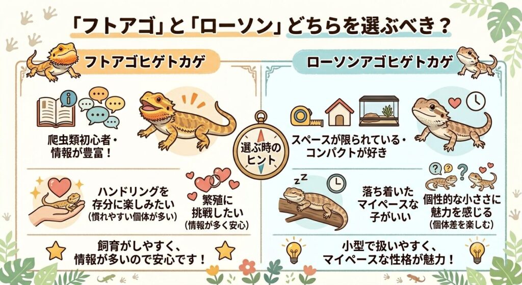 フトアゴとローソンのどちらを選ぶかを考えるイラスト