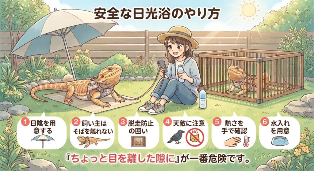 安全な日光浴のやり方6つのポイントを示した図解