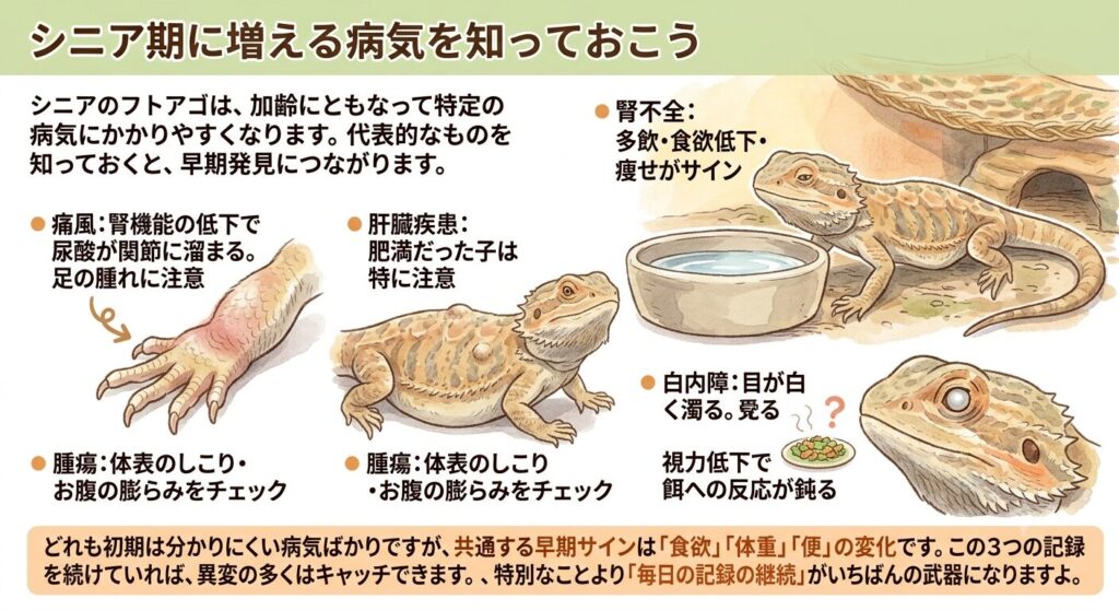 シニア期に増える病気を示すイラスト