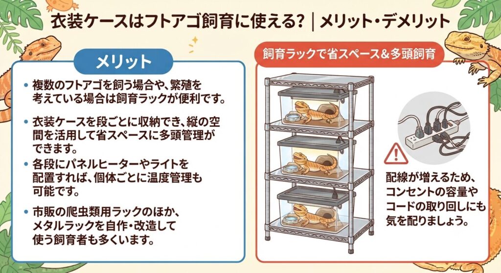 飼育ラックに衣装ケースを並べた多頭飼育のイメージ