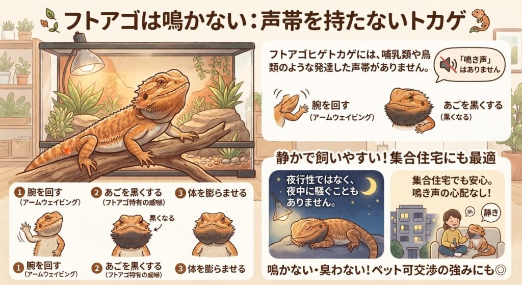 声帯を持たないフトアゴの体のしくみを示すイラスト