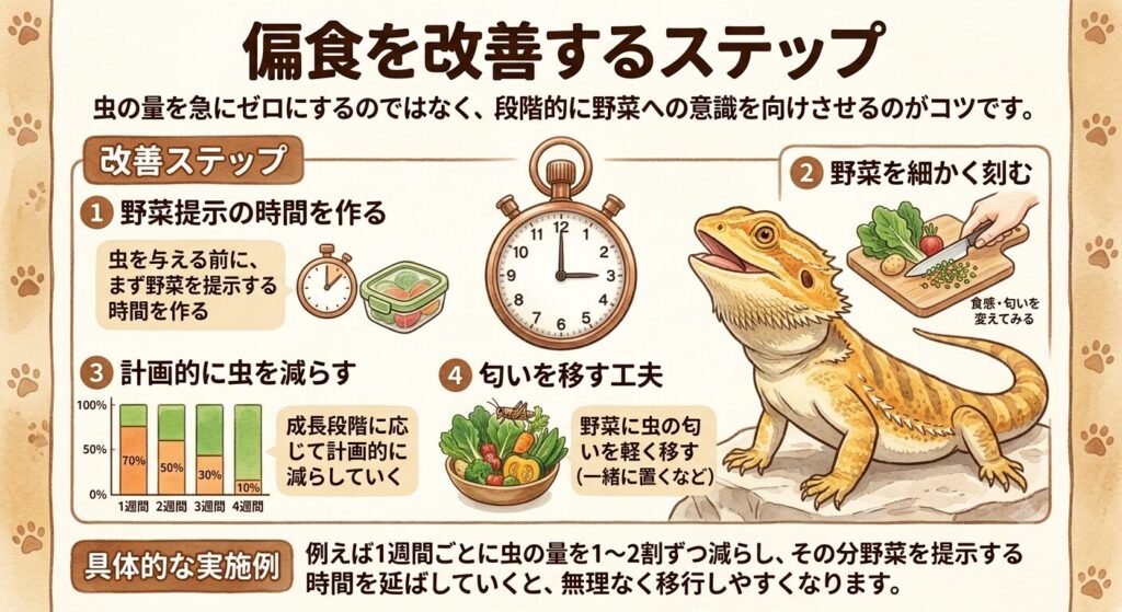 野菜への意識を段階的に向けさせる偏食改善のステップ