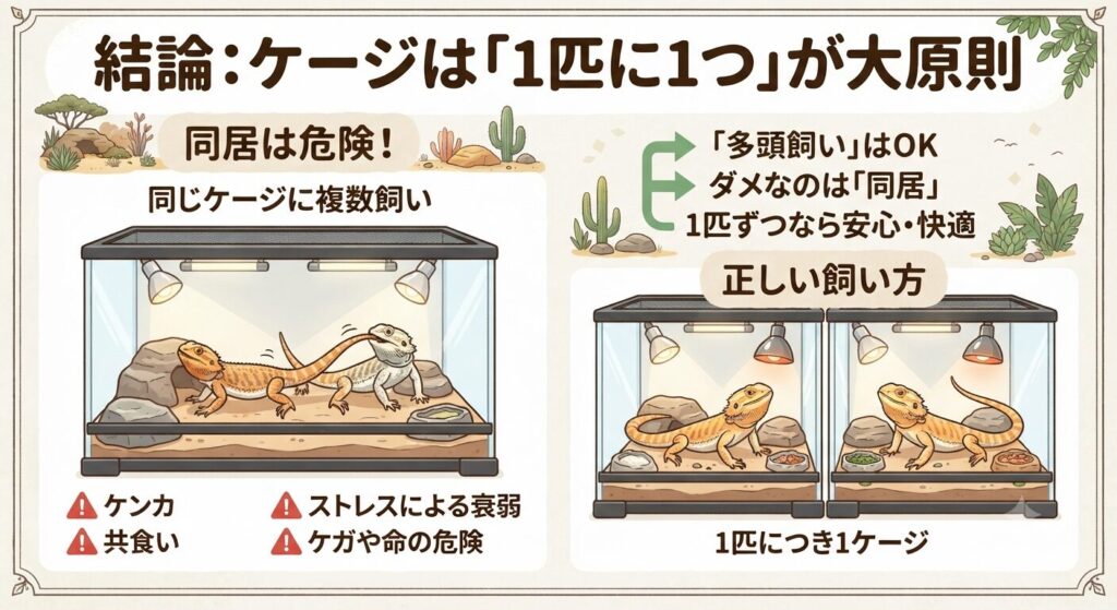 1匹ずつ個別のケージで過ごすフトアゴヒゲトカゲ