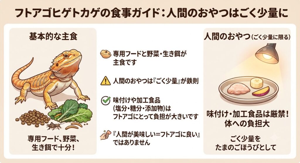 フトアゴヒゲトカゲと人間の食べ物のイメージ