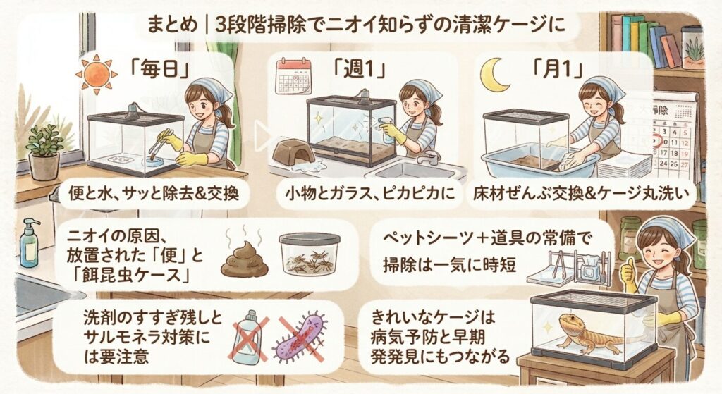 清潔なケージで快適に過ごすフトアゴヒゲトカゲ
