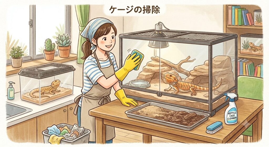ケージを丸洗いして消毒する月1掃除のイメージ