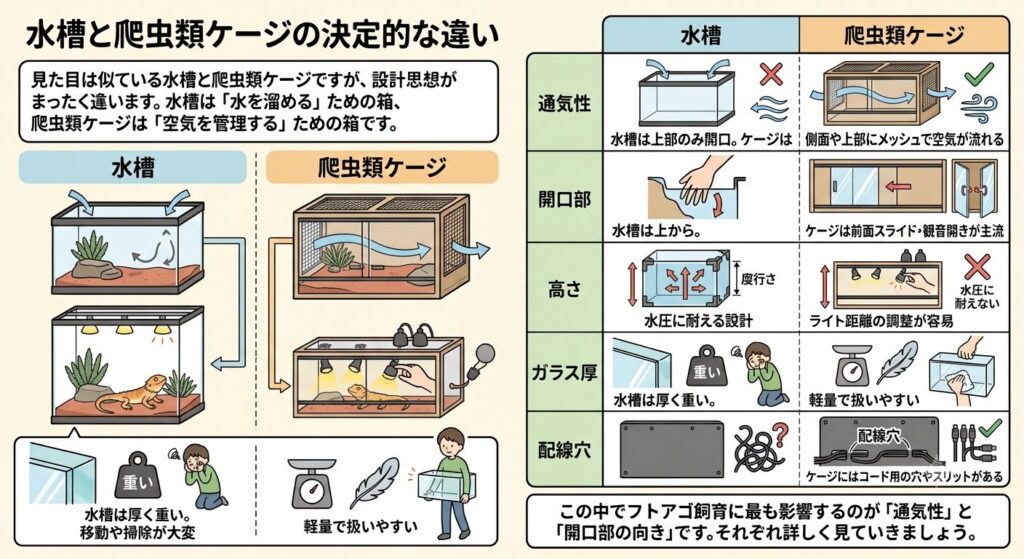 水槽と爬虫類ケージの構造の違いを比較するイメージ