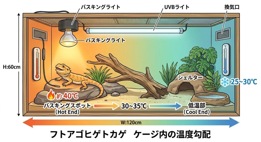 フトアゴの温度管理と予防のイラスト