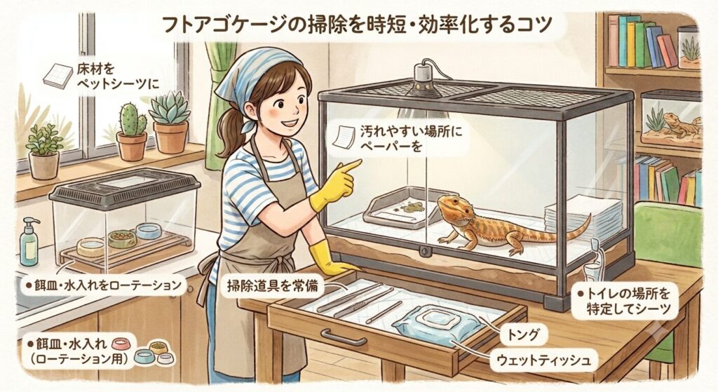 掃除道具をケージ横に常備した時短のイメージ