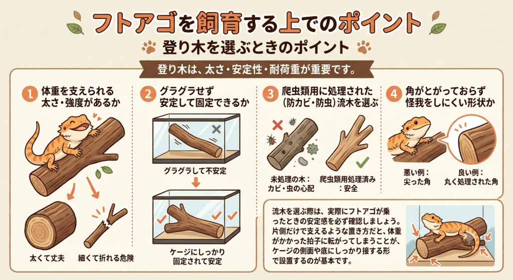登り木を選ぶときのポイントを示すイラスト