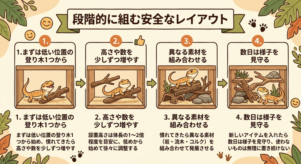 段階的に組む安全なレイアウトのイラスト