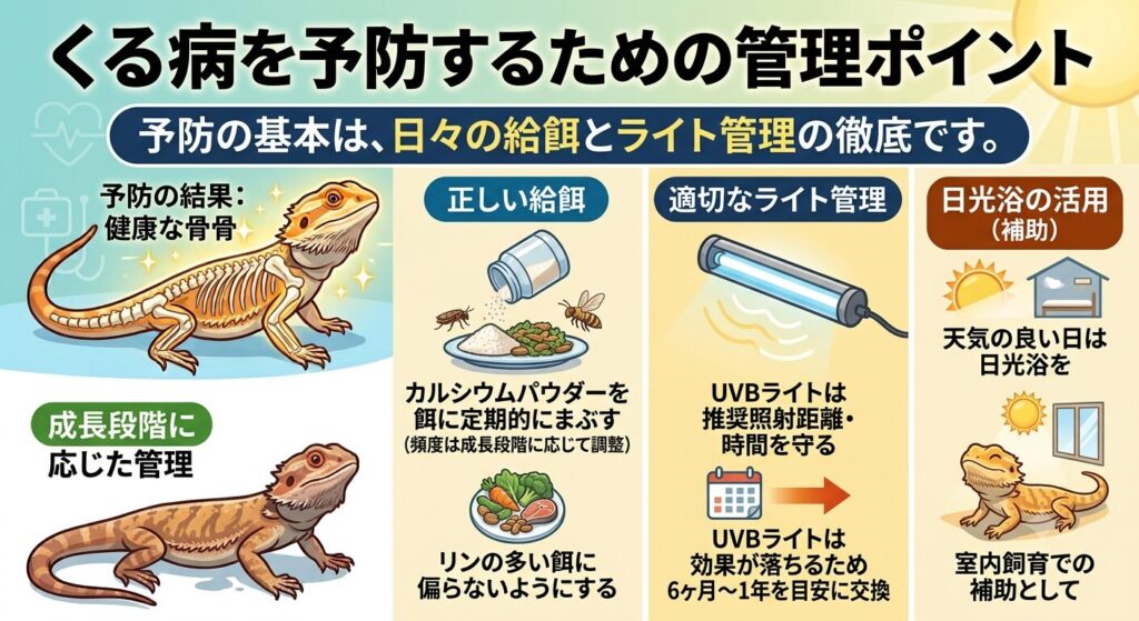 カルシウムパウダーのダスティングとUVBライト管理